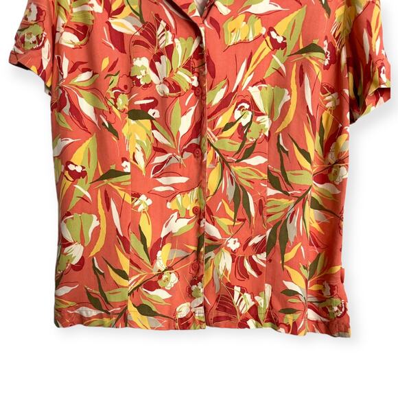 LizGolf 100% Silk Peach Hawaiian Print Structured Button Down Blouse Women's L - Picture 4 of 10